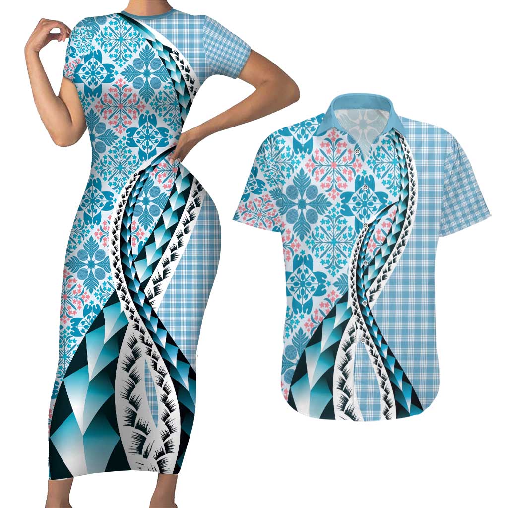 Aloha Vintage Palaka Floral Hawaiian Quilt Couples Matching Short Sleeve Bodycon Dress and Hawaiian Shirt Uliuli Motif LT9 Blue - Polynesian Pride
