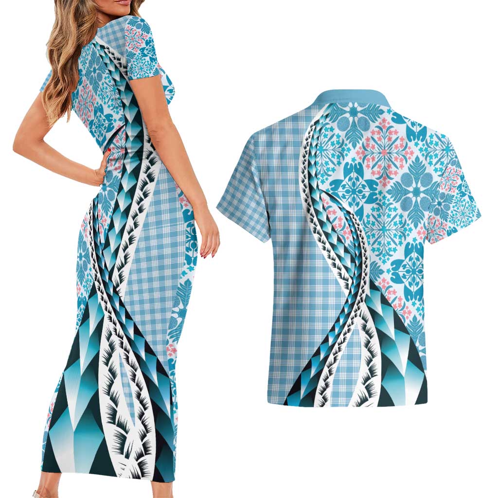Aloha Vintage Palaka Floral Hawaiian Quilt Couples Matching Short Sleeve Bodycon Dress and Hawaiian Shirt Uliuli Motif LT9 - Polynesian Pride