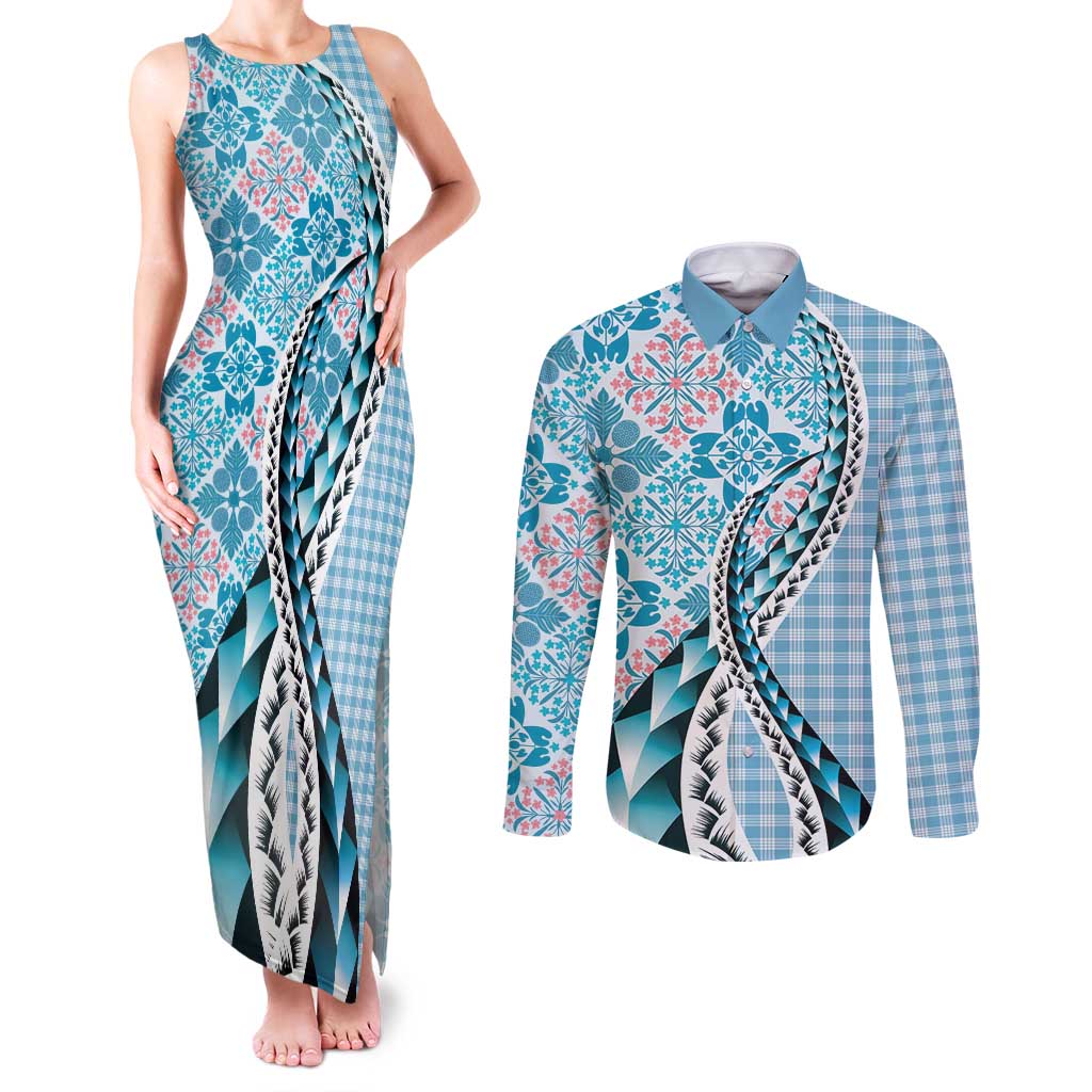 Aloha Vintage Palaka Floral Hawaiian Quilt Couples Matching Tank Maxi Dress and Long Sleeve Button Shirt Uliuli Motif - Polynesian Pride