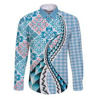 Aloha Vintage Palaka Floral Hawaiian Quilt Family Matching Long Sleeve Bodycon Dress and Hawaiian Shirt Uliuli Motif LT9 Dad's Shirt - Long Sleeve Blue - Polynesian Pride