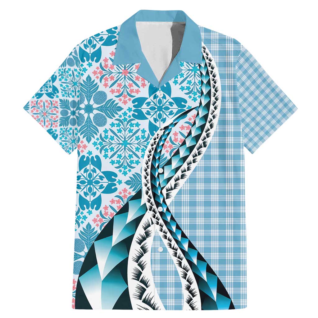 Aloha Vintage Palaka Floral Hawaiian Quilt Family Matching Mermaid Dress and Hawaiian Shirt Uliuli Motif LT9 Dad's Shirt - Short Sleeve Blue - Polynesian Pride