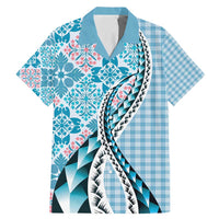Aloha Vintage Palaka Floral Hawaiian Quilt Family Matching Mermaid Dress and Hawaiian Shirt Uliuli Motif LT9 Dad's Shirt - Short Sleeve Blue - Polynesian Pride