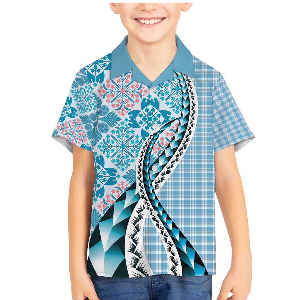 Aloha Vintage Palaka Floral Hawaiian Quilt Family Matching Mermaid Dress and Hawaiian Shirt Uliuli Motif LT9 Son's Shirt Blue - Polynesian Pride