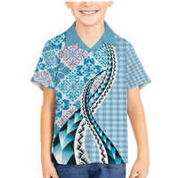Aloha Vintage Palaka Floral Hawaiian Quilt Family Matching Mermaid Dress and Hawaiian Shirt Uliuli Motif LT9 Son's Shirt Blue - Polynesian Pride