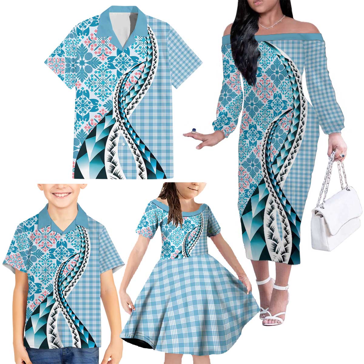 Aloha Vintage Palaka Floral Hawaiian Quilt Family Matching Off The Shoulder Long Sleeve Dress and Hawaiian Shirt Uliuli Motif LT9 - Polynesian Pride