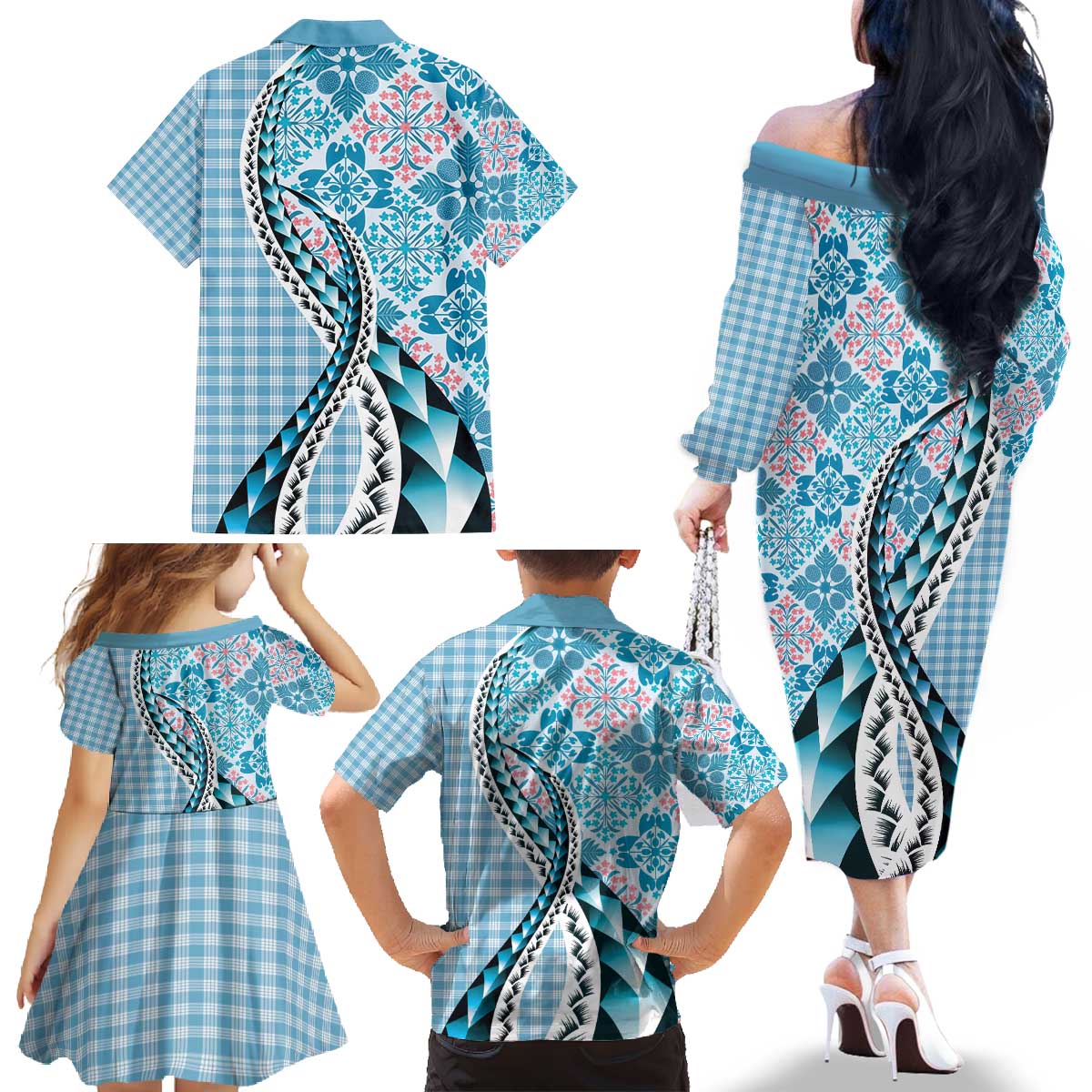 Aloha Vintage Palaka Floral Hawaiian Quilt Family Matching Off The Shoulder Long Sleeve Dress and Hawaiian Shirt Uliuli Motif LT9 - Polynesian Pride