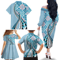 Aloha Vintage Palaka Floral Hawaiian Quilt Family Matching Off The Shoulder Long Sleeve Dress and Hawaiian Shirt Uliuli Motif LT9 - Polynesian Pride