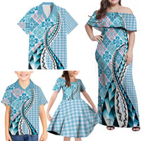 Aloha Vintage Palaka Floral Hawaiian Quilt Family Matching Off Shoulder Maxi Dress and Hawaiian Shirt Uliuli Motif LT9 - Polynesian Pride