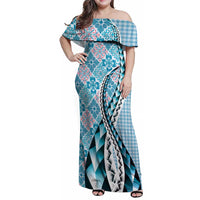 Aloha Vintage Palaka Floral Hawaiian Quilt Family Matching Off Shoulder Maxi Dress and Hawaiian Shirt Uliuli Motif LT9 Mom's Dress Blue - Polynesian Pride