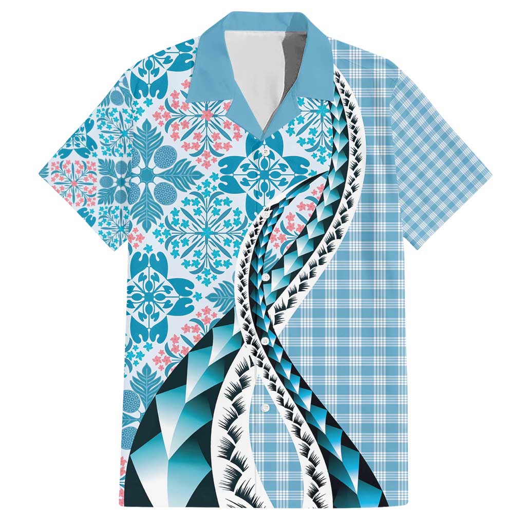 Aloha Vintage Palaka Floral Hawaiian Quilt Family Matching Short Sleeve Bodycon Dress and Hawaiian Shirt Uliuli Motif LT9 Dad's Shirt - Short Sleeve Blue - Polynesian Pride