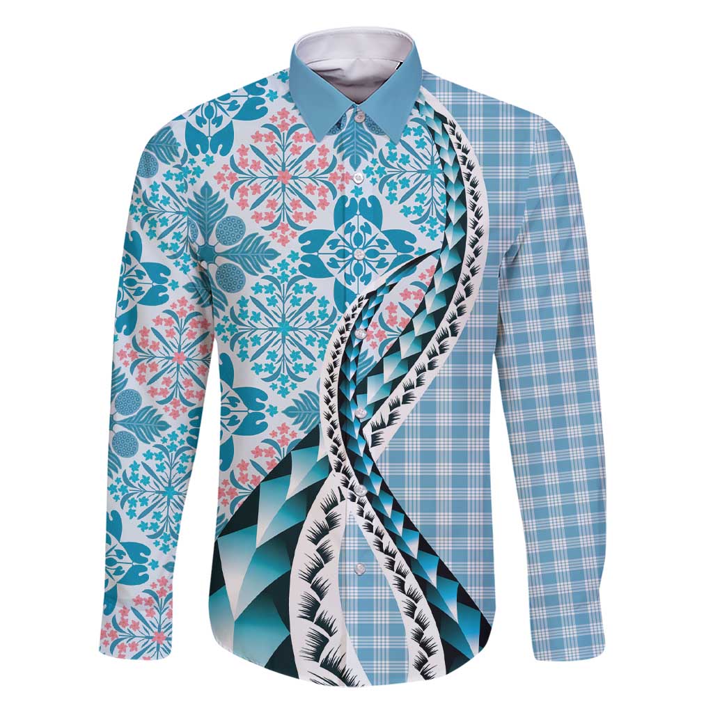Aloha Vintage Palaka Floral Hawaiian Quilt Family Matching Short Sleeve Bodycon Dress and Hawaiian Shirt Uliuli Motif LT9 Dad's Shirt - Long Sleeve Blue - Polynesian Pride