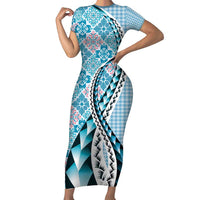 Aloha Vintage Palaka Floral Hawaiian Quilt Family Matching Short Sleeve Bodycon Dress and Hawaiian Shirt Uliuli Motif LT9 Mom's Dress Blue - Polynesian Pride