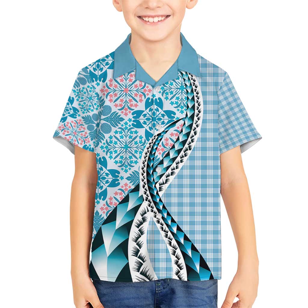 Aloha Vintage Palaka Floral Hawaiian Quilt Family Matching Summer Maxi Dress and Hawaiian Shirt Uliuli Motif LT9 Son's Shirt Blue - Polynesian Pride