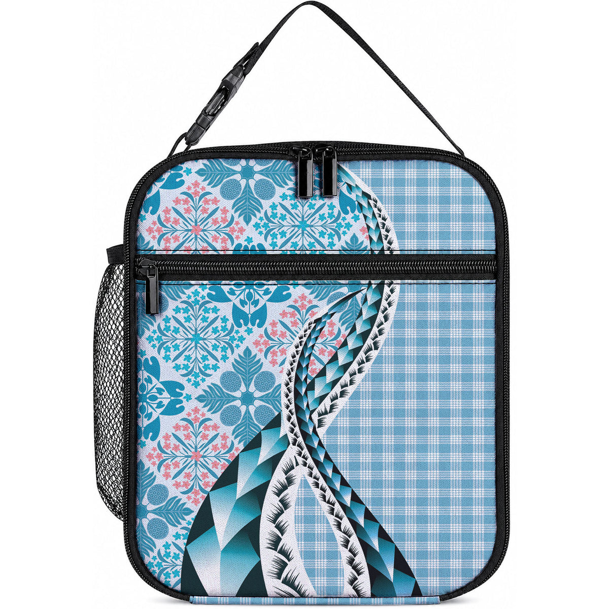 Aloha Vintage Palaka Floral Hawaiian Quilt Lunch Bag Uliuli Motif LT9 10.2 × 8.3 × 4.3 inch Blue - Polynesian Pride