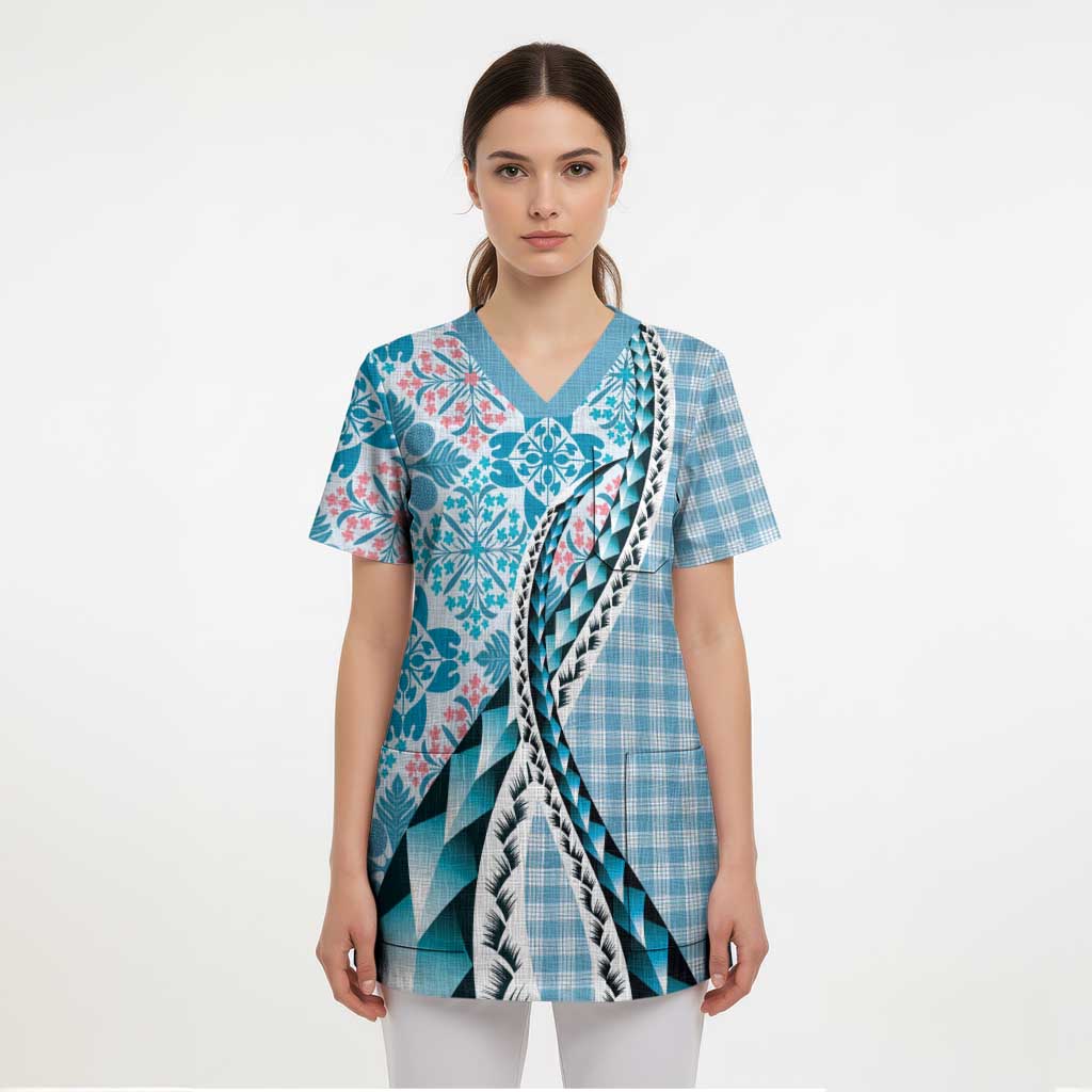 Aloha Vintage Palaka Floral Hawaiian Quilt Scrub Top Uliuli Motif LT9 - Polynesian Pride