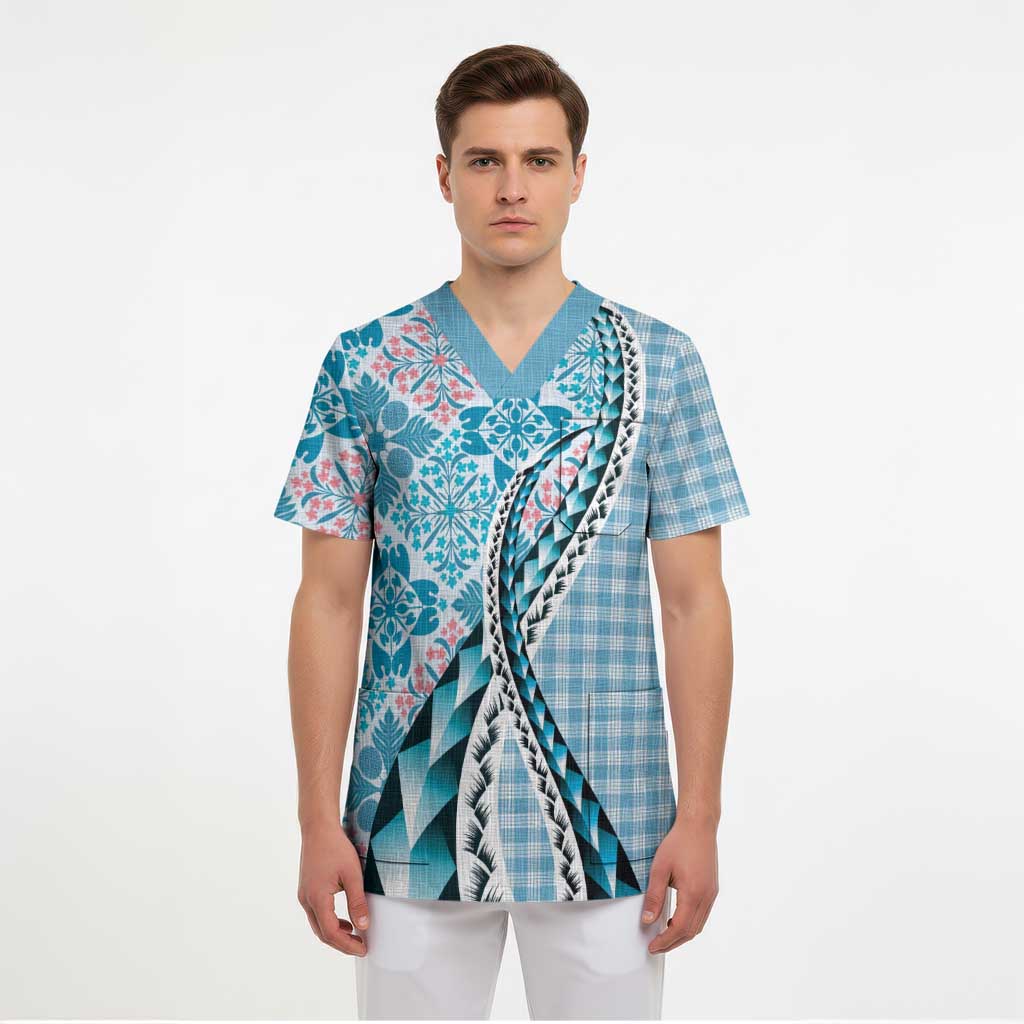 Aloha Vintage Palaka Floral Hawaiian Quilt Scrub Top Uliuli Motif LT9 - Polynesian Pride