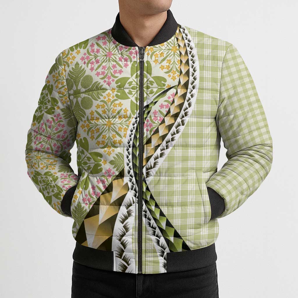 Aloha Vintage Palaka Floral Hawaiian Quilt Bomber Puffer Jacket Omaomao Motif - Polynesian Pride