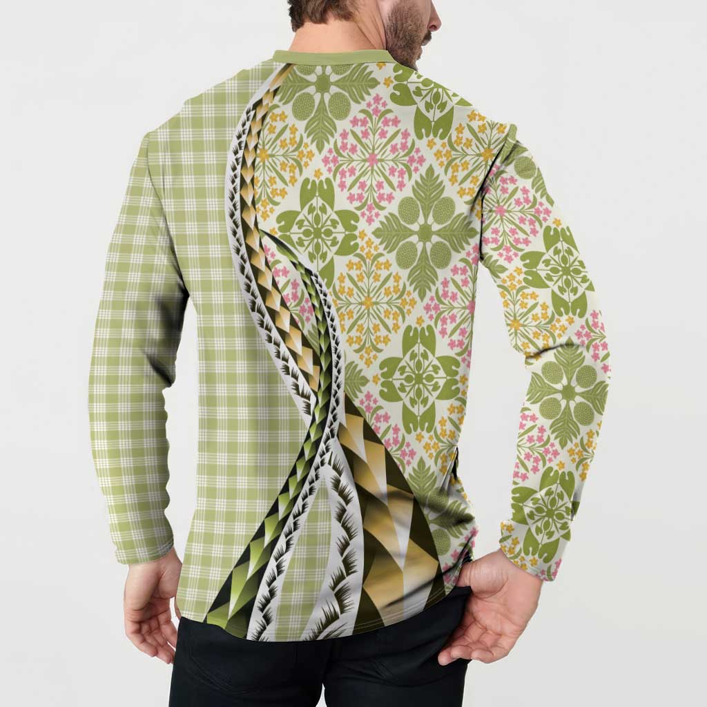 Aloha Vintage Palaka Floral Hawaiian Quilt Button Sweatshirt Omaomao Motif - Polynesian Pride