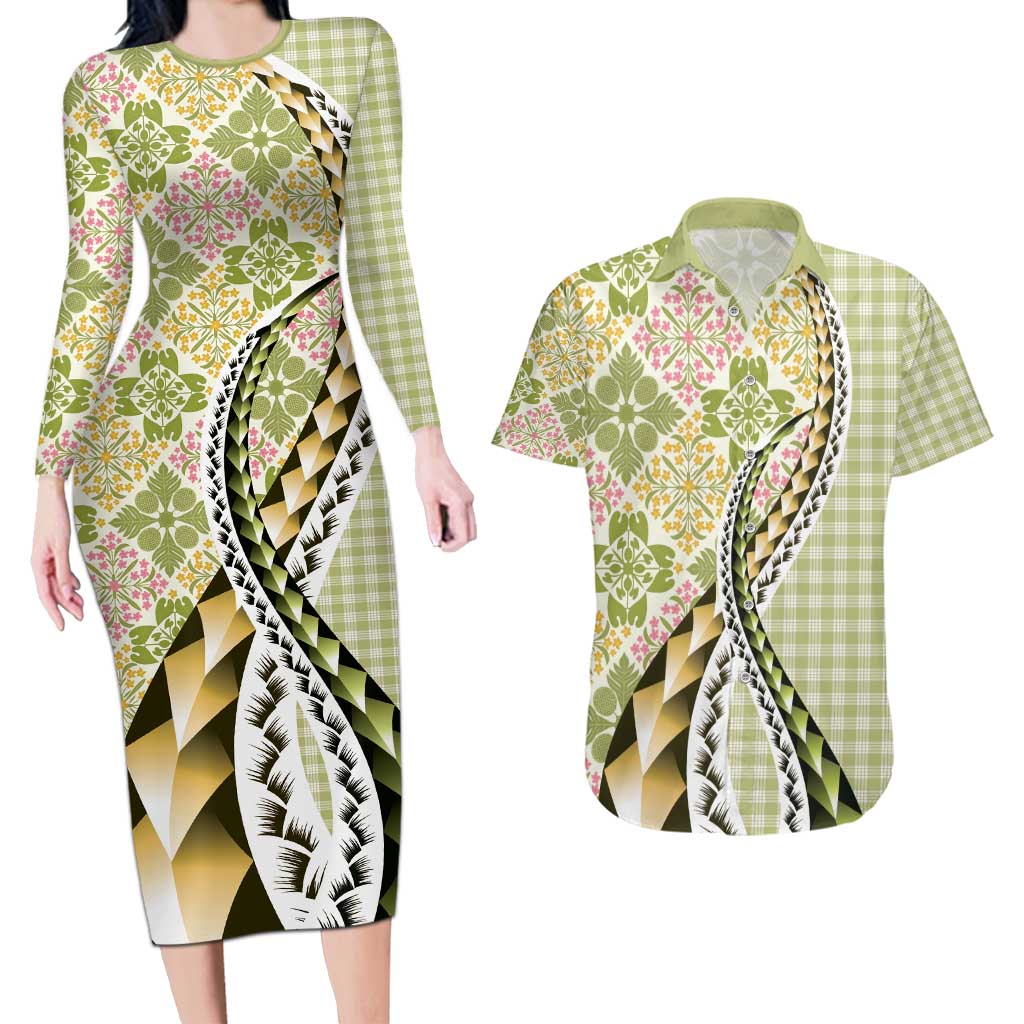 Aloha Vintage Palaka Floral Hawaiian Quilt Couples Matching Long Sleeve Bodycon Dress and Hawaiian Shirt Omaomao Motif LT9 Lime - Polynesian Pride