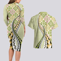 Aloha Vintage Palaka Floral Hawaiian Quilt Couples Matching Long Sleeve Bodycon Dress and Hawaiian Shirt Omaomao Motif LT9 - Polynesian Pride