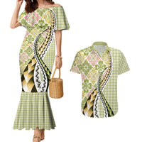 Aloha Vintage Palaka Floral Hawaiian Quilt Couples Matching Mermaid Dress and Hawaiian Shirt Omaomao Motif LT9 Lime - Polynesian Pride