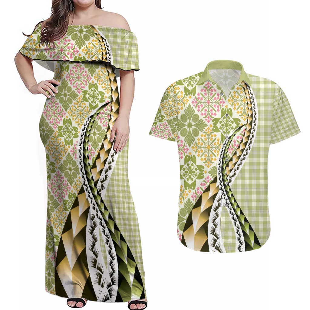Aloha Vintage Palaka Floral Hawaiian Quilt Couples Matching Off Shoulder Maxi Dress and Hawaiian Shirt Omaomao Motif LT9 Lime - Polynesian Pride