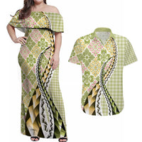 Aloha Vintage Palaka Floral Hawaiian Quilt Couples Matching Off Shoulder Maxi Dress and Hawaiian Shirt Omaomao Motif LT9 Lime - Polynesian Pride
