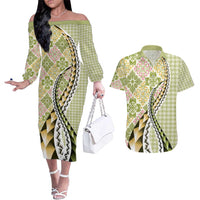 Aloha Vintage Palaka Floral Hawaiian Quilt Couples Matching Off The Shoulder Long Sleeve Dress and Hawaiian Shirt Omaomao Motif LT9 Lime - Polynesian Pride