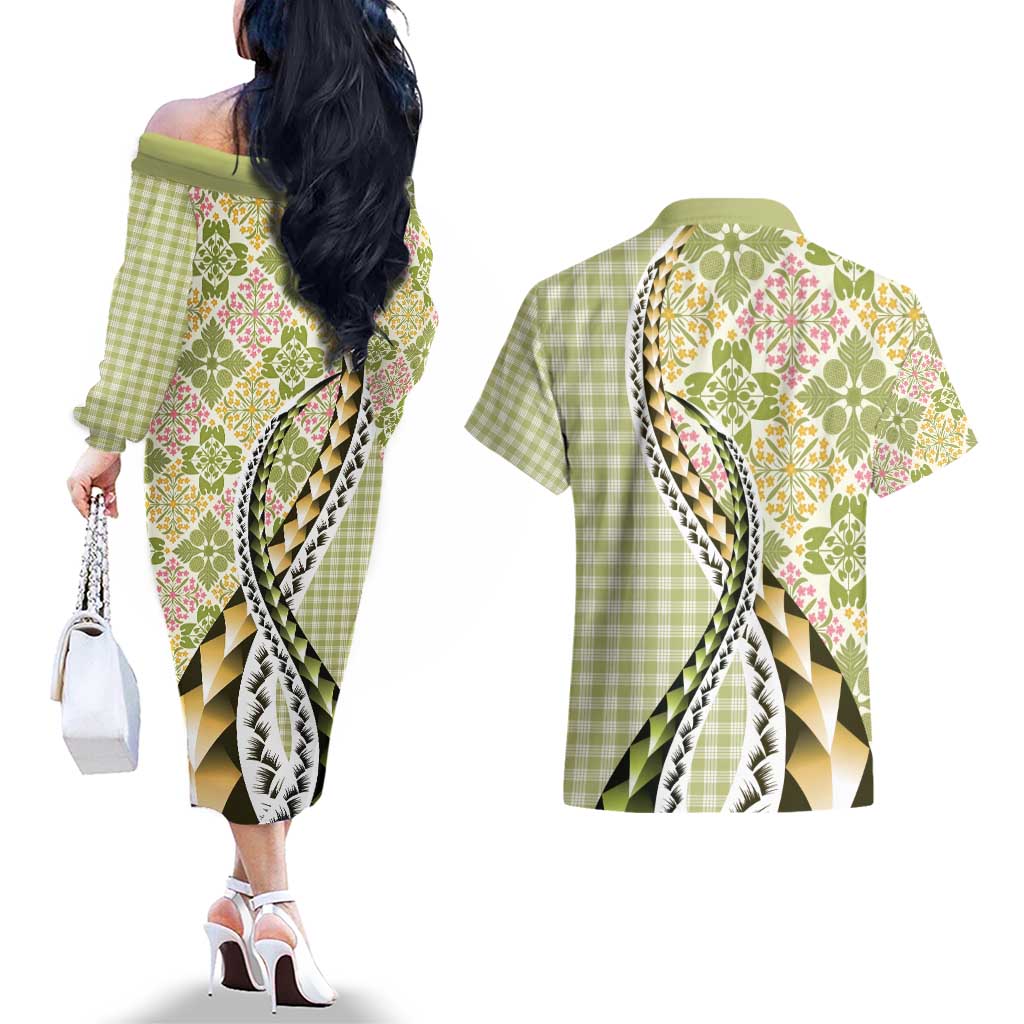 Aloha Vintage Palaka Floral Hawaiian Quilt Couples Matching Off The Shoulder Long Sleeve Dress and Hawaiian Shirt Omaomao Motif LT9 - Polynesian Pride