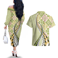 Aloha Vintage Palaka Floral Hawaiian Quilt Couples Matching Off The Shoulder Long Sleeve Dress and Hawaiian Shirt Omaomao Motif LT9 - Polynesian Pride
