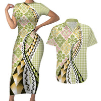 Aloha Vintage Palaka Floral Hawaiian Quilt Couples Matching Short Sleeve Bodycon Dress and Hawaiian Shirt Omaomao Motif LT9 Lime - Polynesian Pride