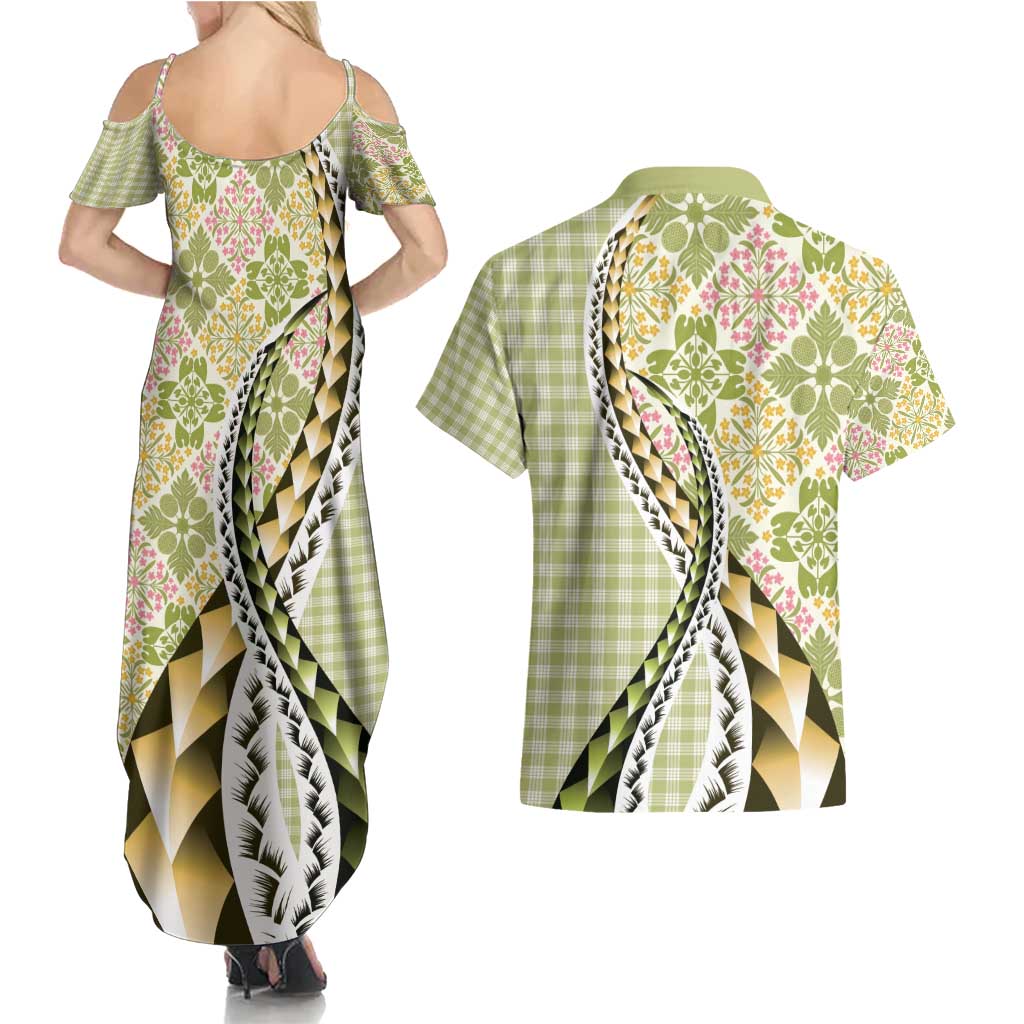 Aloha Vintage Palaka Floral Hawaiian Quilt Couples Matching Summer Maxi Dress and Hawaiian Shirt Omaomao Motif LT9 - Polynesian Pride