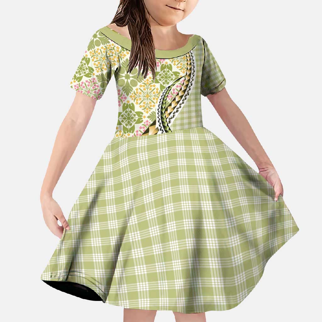 Aloha Vintage Palaka Floral Hawaiian Quilt Family Matching Mermaid Dress and Hawaiian Shirt Omaomao Motif LT9 Daughter's Dress Lime - Polynesian Pride