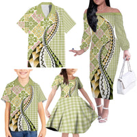 Aloha Vintage Palaka Floral Hawaiian Quilt Family Matching Off The Shoulder Long Sleeve Dress and Hawaiian Shirt Omaomao Motif LT9 - Polynesian Pride