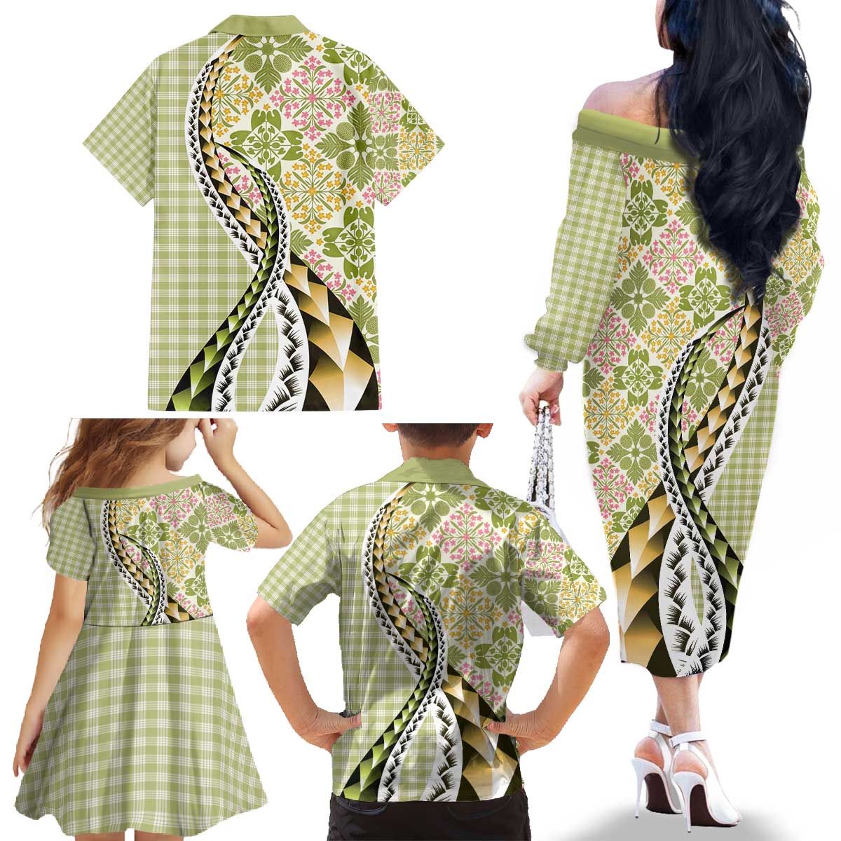 Aloha Vintage Palaka Floral Hawaiian Quilt Family Matching Off The Shoulder Long Sleeve Dress and Hawaiian Shirt Omaomao Motif LT9 - Polynesian Pride
