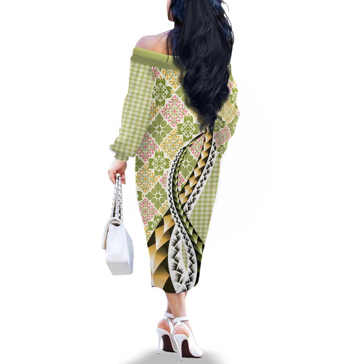 Aloha Vintage Palaka Floral Hawaiian Quilt Family Matching Off The Shoulder Long Sleeve Dress and Hawaiian Shirt Omaomao Motif LT9 - Polynesian Pride