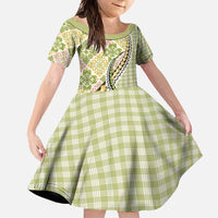 Aloha Vintage Palaka Floral Hawaiian Quilt Family Matching Off Shoulder Maxi Dress and Hawaiian Shirt Omaomao Motif LT9 Daughter's Dress Lime - Polynesian Pride