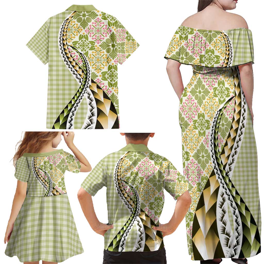 Aloha Vintage Palaka Floral Hawaiian Quilt Family Matching Off Shoulder Maxi Dress and Hawaiian Shirt Omaomao Motif LT9 - Polynesian Pride