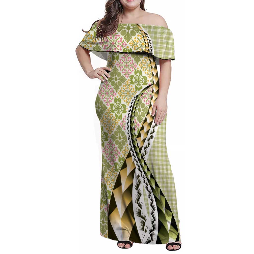 Aloha Vintage Palaka Floral Hawaiian Quilt Family Matching Off Shoulder Maxi Dress and Hawaiian Shirt Omaomao Motif LT9 Mom's Dress Lime - Polynesian Pride