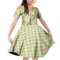 Aloha Vintage Palaka Floral Hawaiian Quilt Family Matching Off Shoulder Short Dress and Hawaiian Shirt Omaomao Motif LT9 Daughter's Dress Lime - Polynesian Pride