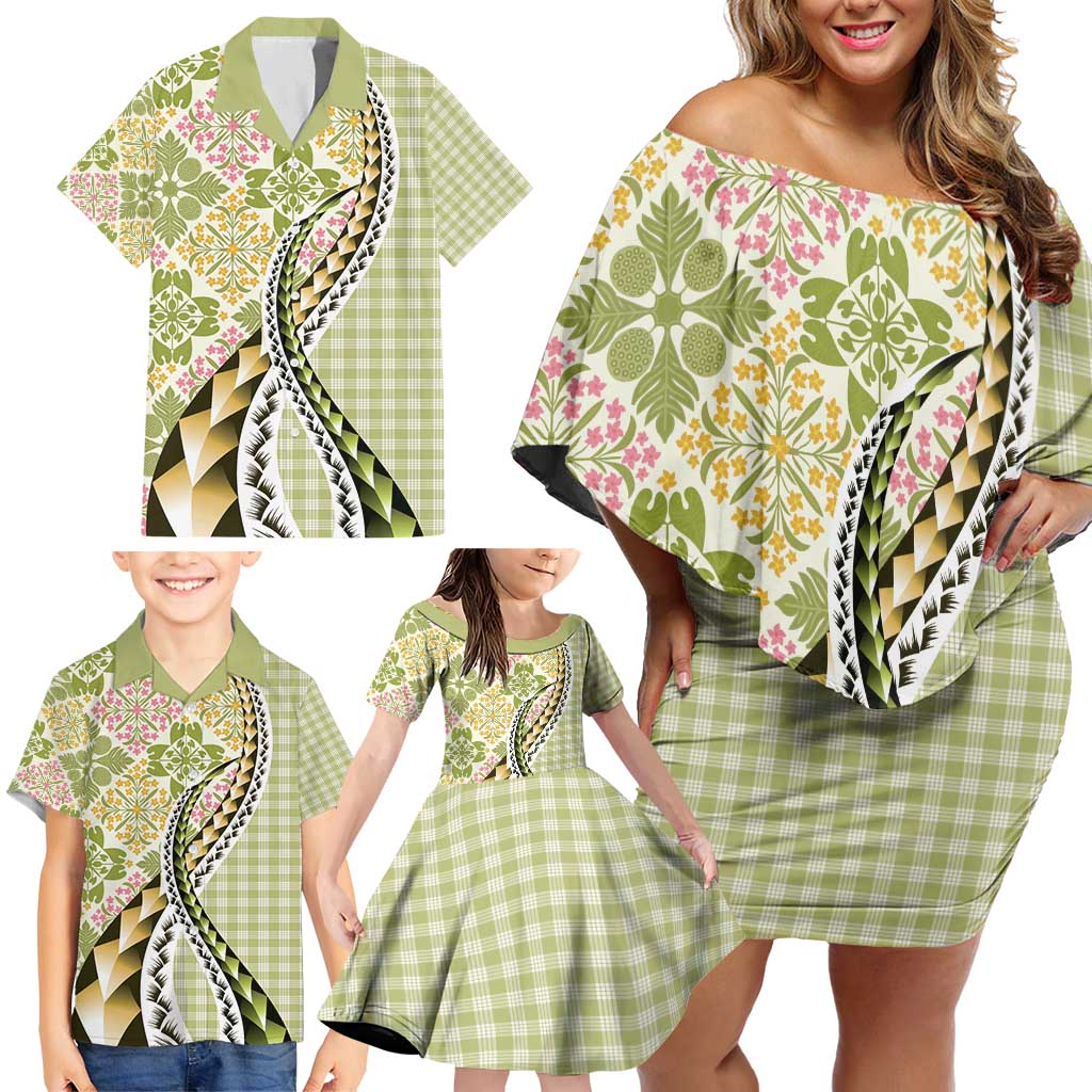 Aloha Vintage Palaka Floral Hawaiian Quilt Family Matching Off Shoulder Short Dress and Hawaiian Shirt Omaomao Motif LT9 - Polynesian Pride