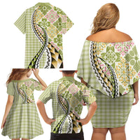 Aloha Vintage Palaka Floral Hawaiian Quilt Family Matching Off Shoulder Short Dress and Hawaiian Shirt Omaomao Motif LT9 - Polynesian Pride