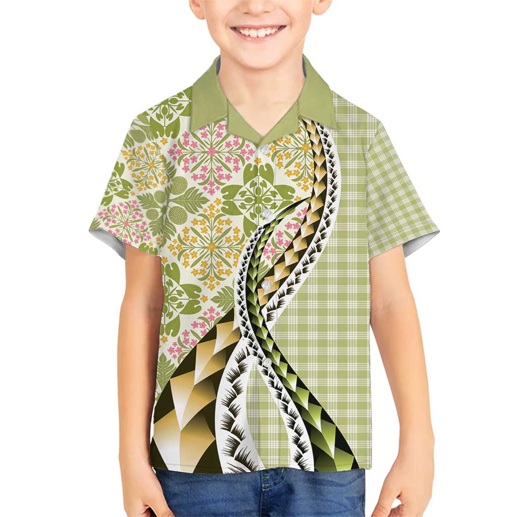 Aloha Vintage Palaka Floral Hawaiian Quilt Family Matching Off Shoulder Short Dress and Hawaiian Shirt Omaomao Motif LT9 Son's Shirt Lime - Polynesian Pride