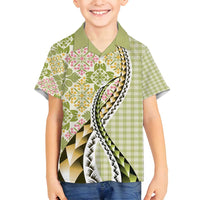 Aloha Vintage Palaka Floral Hawaiian Quilt Family Matching Off Shoulder Short Dress and Hawaiian Shirt Omaomao Motif LT9 Son's Shirt Lime - Polynesian Pride
