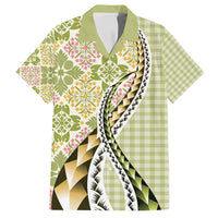 Aloha Vintage Palaka Floral Hawaiian Quilt Family Matching Puletasi and Hawaiian Shirt Omaomao Motif LT9 Dad's Shirt - Short Sleeve Lime - Polynesian Pride