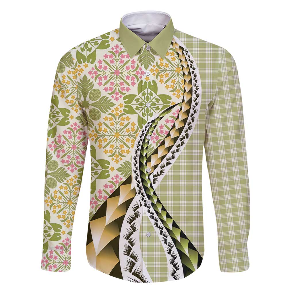 Aloha Vintage Palaka Floral Hawaiian Quilt Family Matching Puletasi and Hawaiian Shirt Omaomao Motif LT9 Dad's Shirt - Long Sleeve Lime - Polynesian Pride