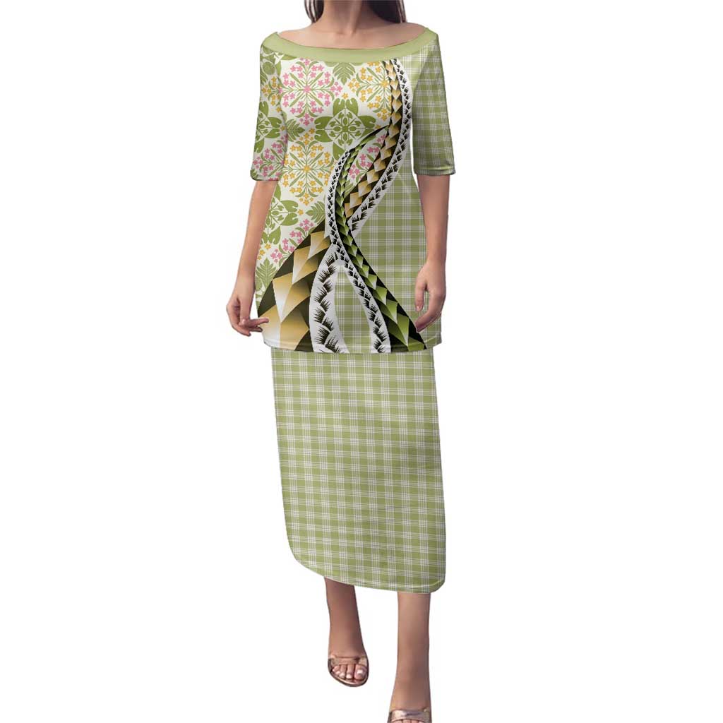 Aloha Vintage Palaka Floral Hawaiian Quilt Family Matching Puletasi and Hawaiian Shirt Omaomao Motif LT9 Mom's Dress Lime - Polynesian Pride