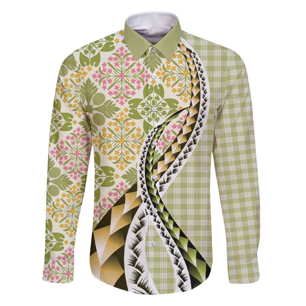 Aloha Vintage Palaka Floral Hawaiian Quilt Family Matching Short Sleeve Bodycon Dress and Hawaiian Shirt Omaomao Motif LT9 Dad's Shirt - Long Sleeve Lime - Polynesian Pride