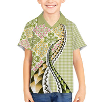 Aloha Vintage Palaka Floral Hawaiian Quilt Family Matching Short Sleeve Bodycon Dress and Hawaiian Shirt Omaomao Motif LT9 Son's Shirt Lime - Polynesian Pride