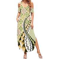 Aloha Vintage Palaka Floral Hawaiian Quilt Family Matching Summer Maxi Dress and Hawaiian Shirt Omaomao Motif LT9 Mom's Dress Lime - Polynesian Pride